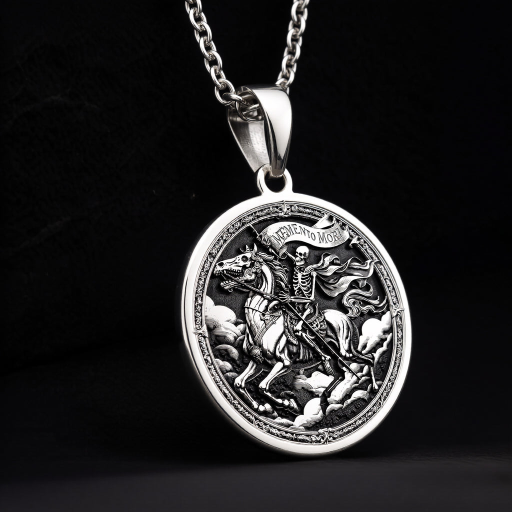 925 sterling silver Skeleton Horseman Memento Mori Pendant pendant featuring a detailed design.