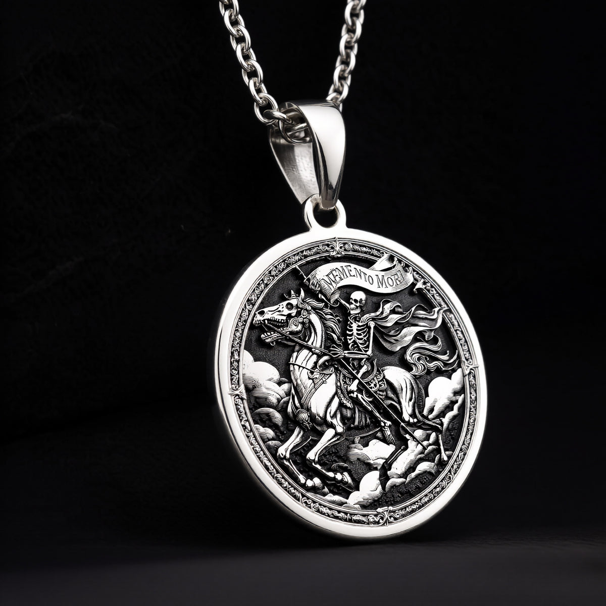 925 sterling silver Skeleton Horseman Memento Mori Pendant pendant featuring a detailed design.