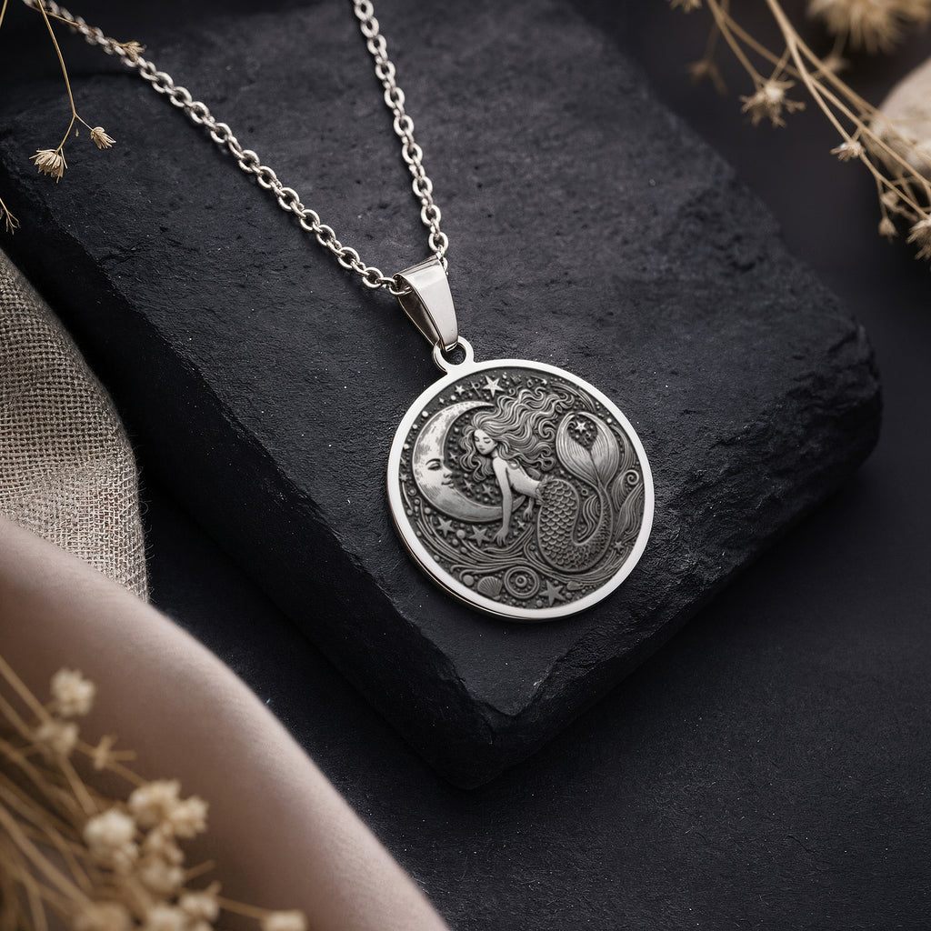 Sterling silver Ocean Siren Mermaid Necklace: round  of ocean siren mermaid with engrav...