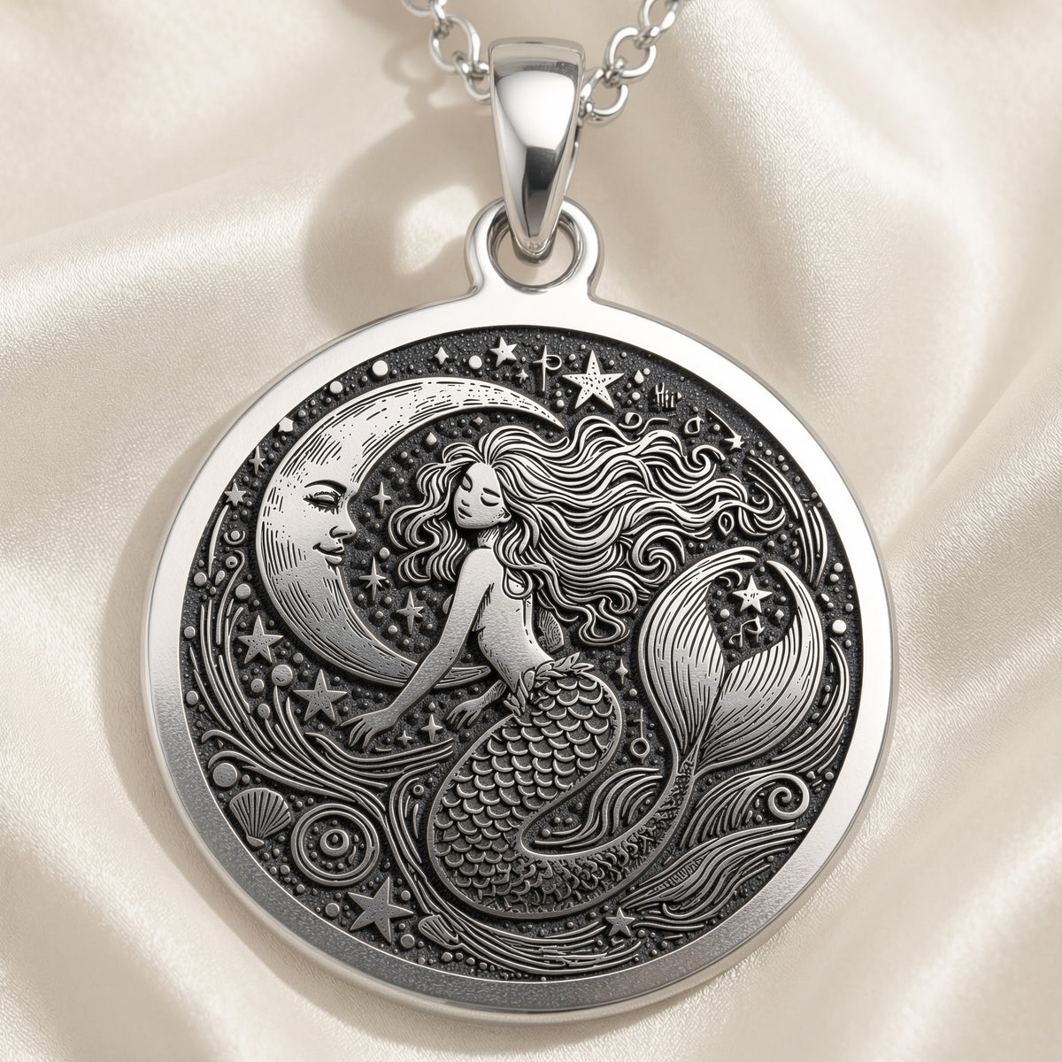 Sterling silver Ocean Siren Mermaid Necklace: round  of mermaid sea creature with engra...