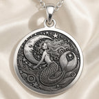Sterling silver Ocean Siren Mermaid Necklace: round  of mermaid sea creature with engra...