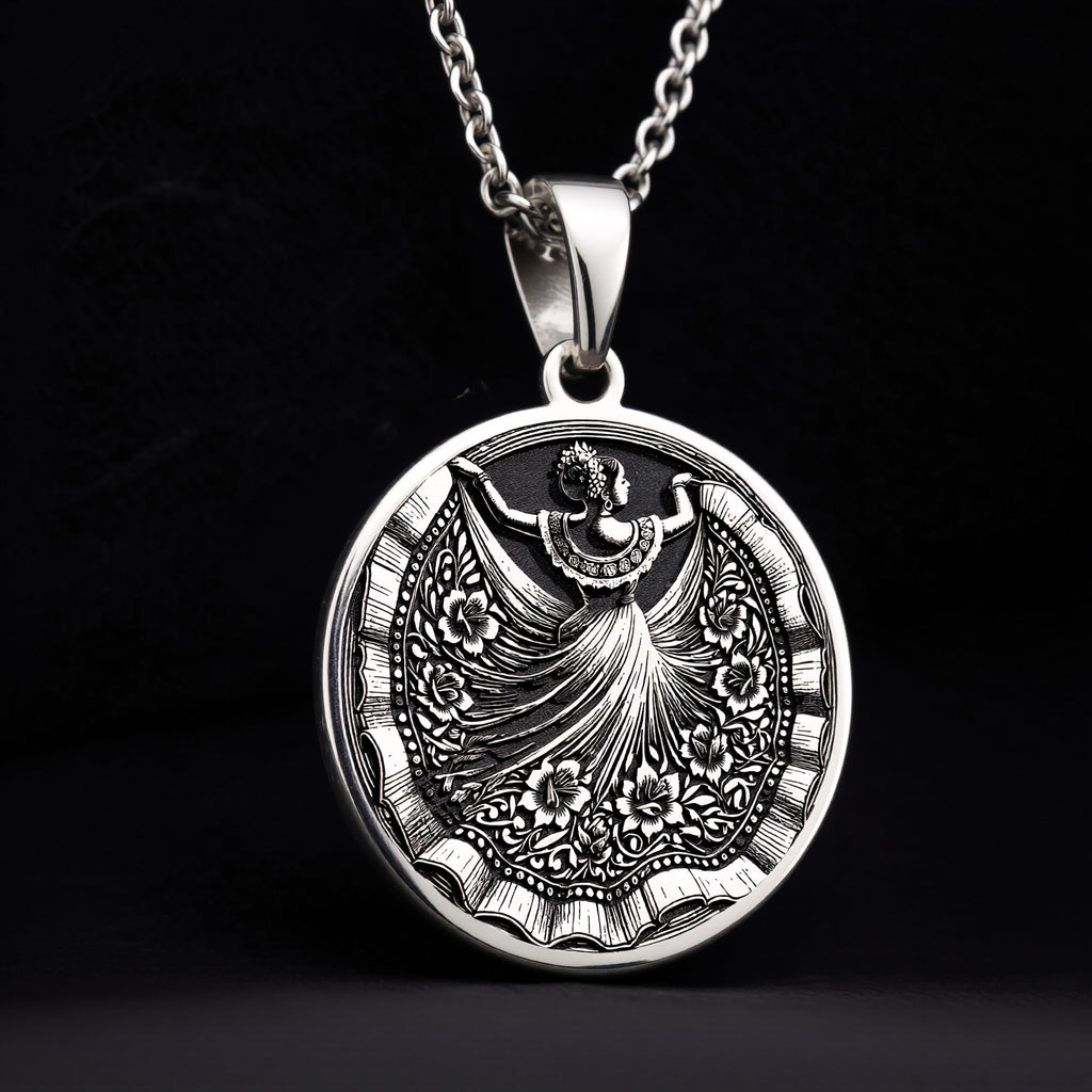 925 Sterling Silver Mexican dancer pendant featuring a detailed folkloric dress, perfect for heritage-inspired jewelry lovers.