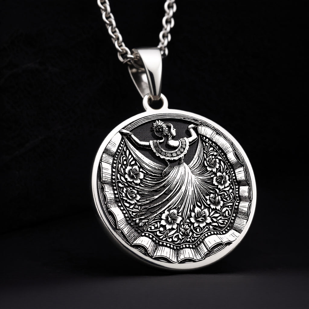 925 Sterling silver necklace with folkloric Mexican dancer engraving, ideal cultural gift for women who love traditional designs.