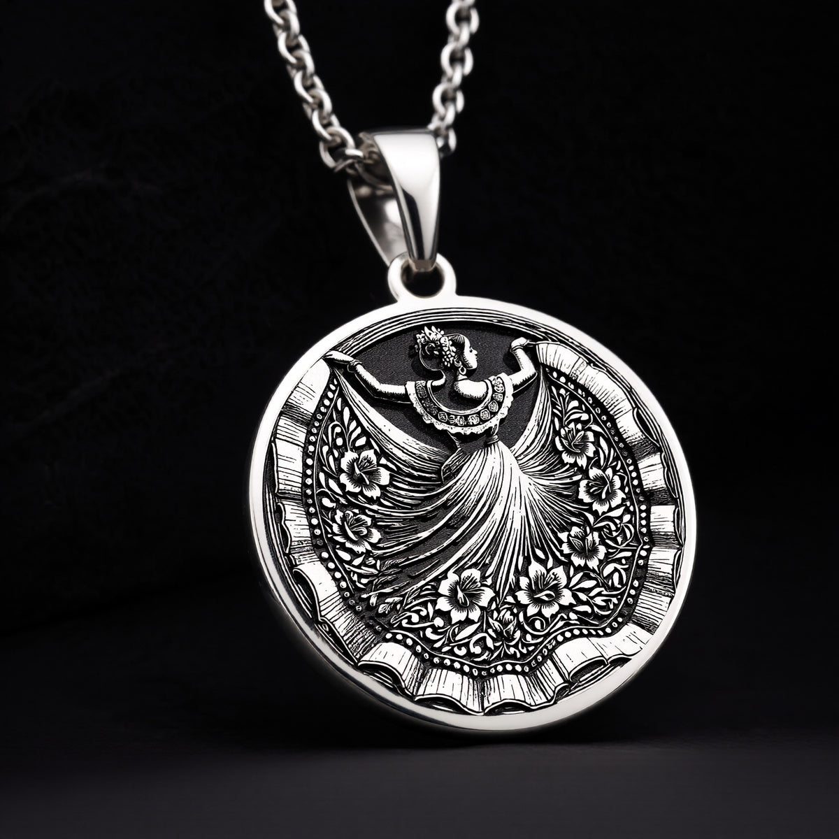 925 Sterling silver necklace with folkloric Mexican dancer engraving, ideal cultural gift for women who love traditional designs.