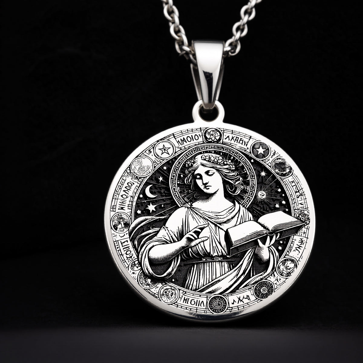 925 sterling silver Mnemosyne Goddess pendant, detailed view 5.