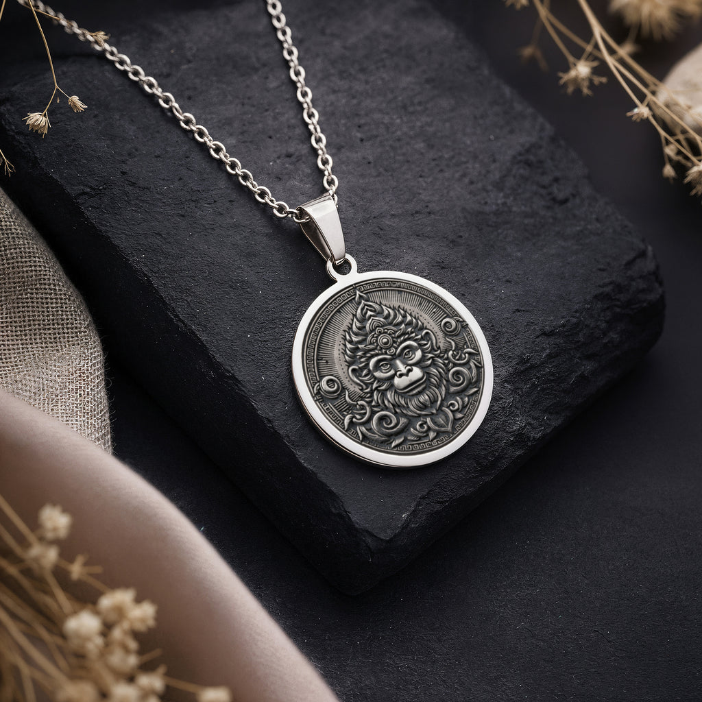 Sterling silver Monkey God Sun Wukong Necklace: round  of Sun Wukong Monkey God with en...