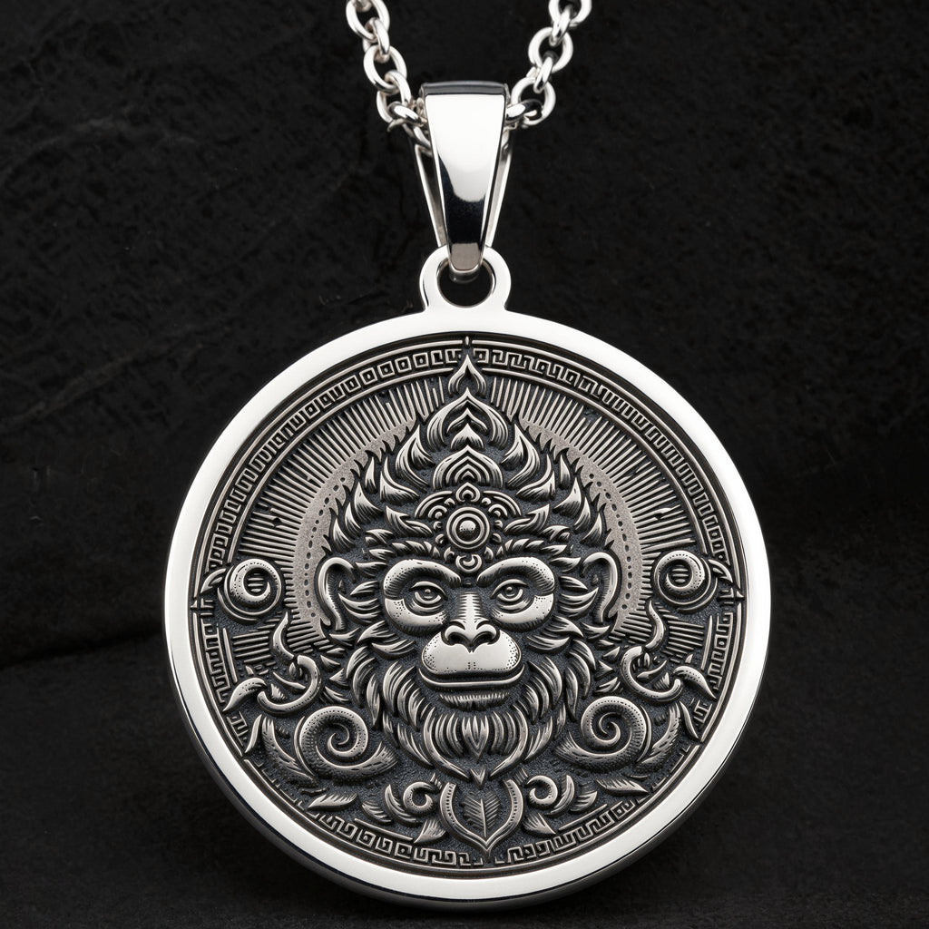 Sterling silver Monkey God Sun Wukong Necklace: round  of Sun Wukong Monkey God with en...