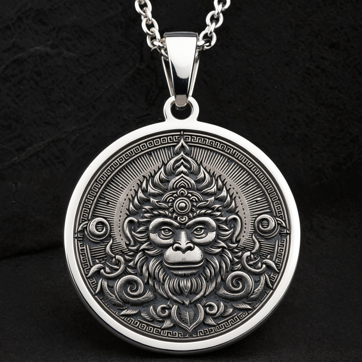 Sterling silver Monkey God Sun Wukong Necklace: round  of Sun Wukong Monkey God with en...