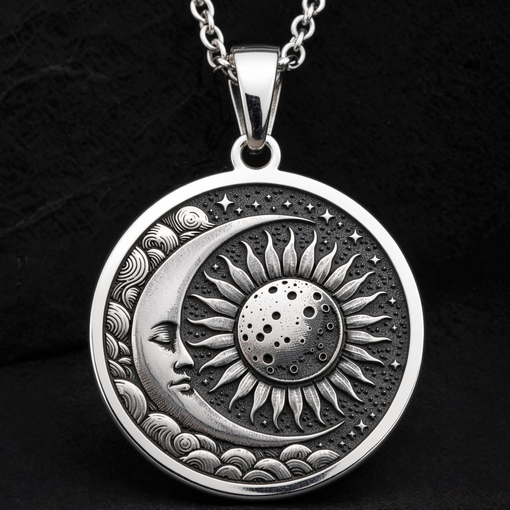 Sterling silver Sun Moon Celestial Pendant: round  sun moon celestial design with engra...