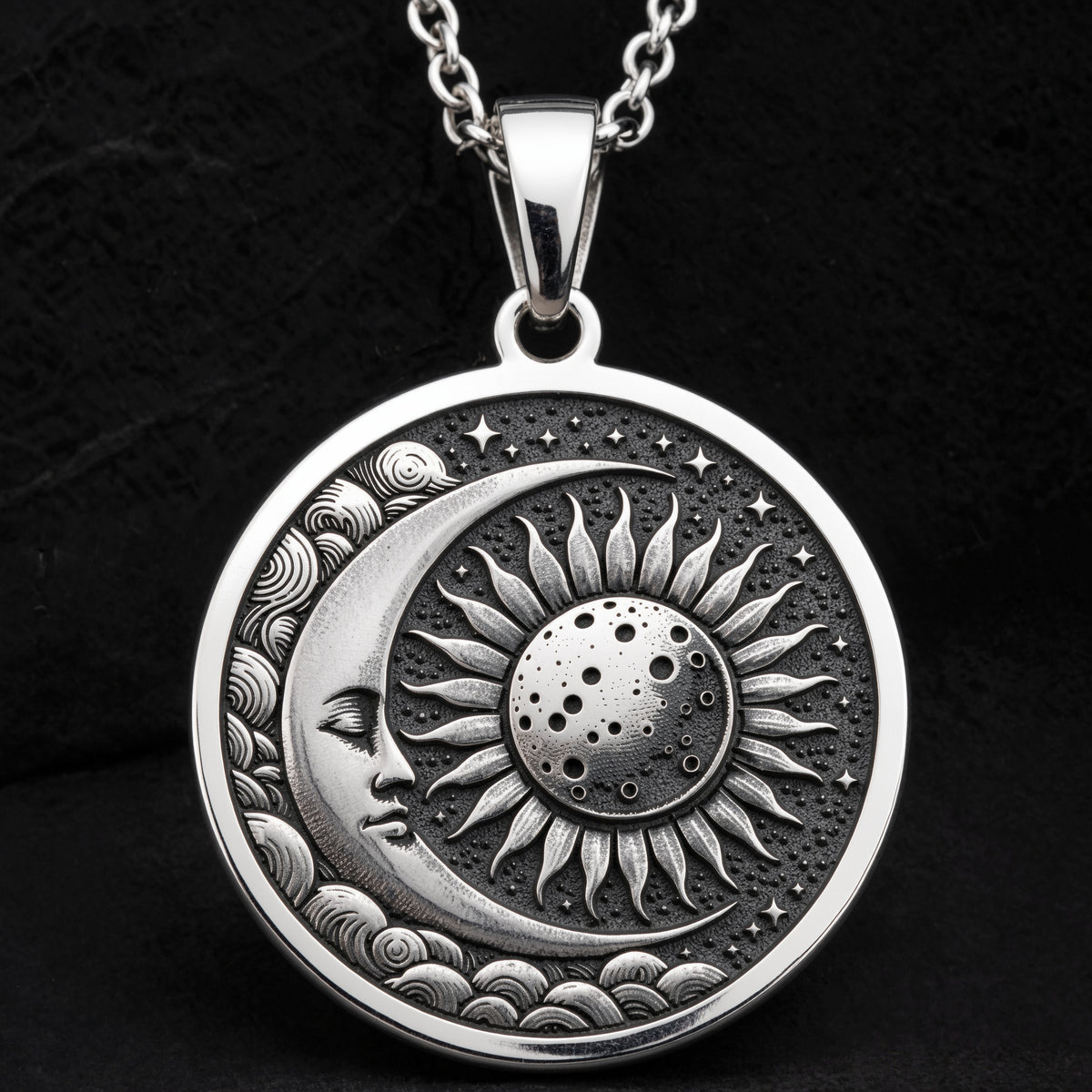 Sterling silver Sun Moon Celestial Pendant: round  sun moon celestial design with engra...