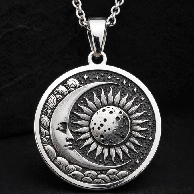 Sterling silver Sun Moon Celestial Pendant: round  sun moon celestial design with engra...