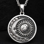 Sterling silver Sun Moon Celestial Pendant: round  sun moon celestial design with engra...
