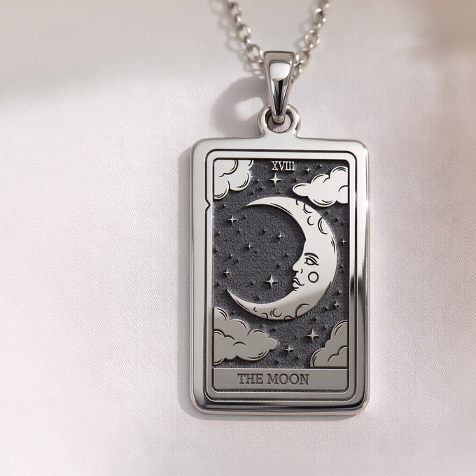 Silver Moon Tarot Card necklace pendant. Occult Arcana spiritual protection jewelry. Mystical occult tarot charm.