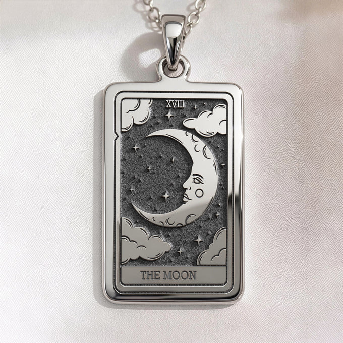Moon Tarot Card Necklace pendant in silver or gold plated finish. Occult arcana spiritual protection tarot jewelry charm.