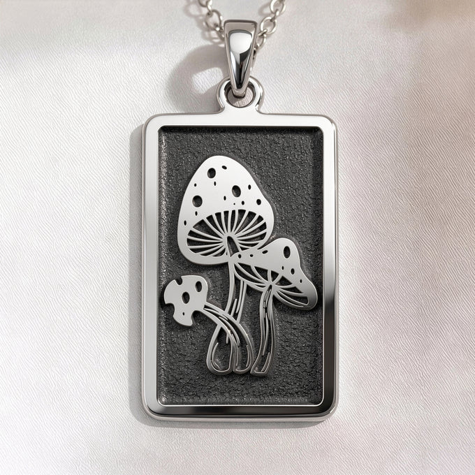 Psychedelic mushroom amulet necklace pendant in silver or gold plated. Spiritual journey boho nature jewelry gift.