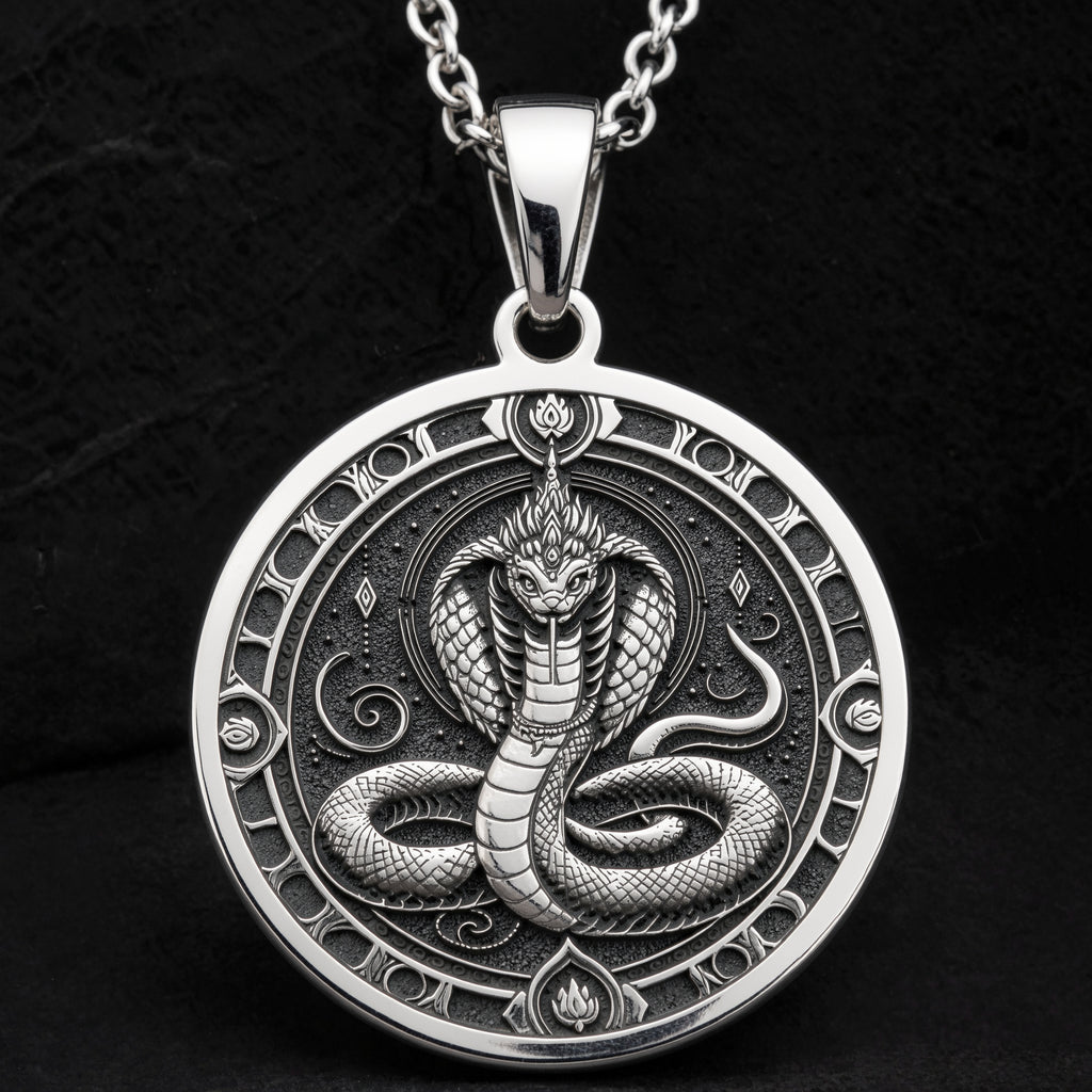 Sterling silver Naga Serpent Talisman Necklace: round  of Naga serpent with detailed sc...