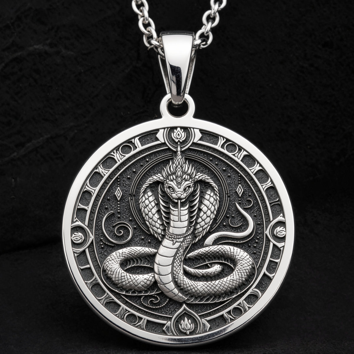 Sterling silver Naga Serpent Talisman Necklace: round  of Naga serpent with detailed sc...