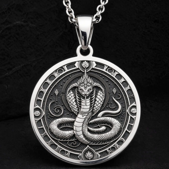 Sterling silver Naga Serpent Talisman Necklace: round  of Naga serpent with detailed sc...