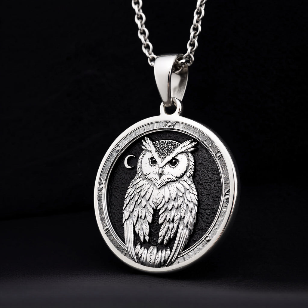 925 Sterling Silver Owl Medallion Pendant with detailed wisdom symbol. Silver owl talisman featuring intricate feather pattern. Spiritual medallion jewelry with ancient symbolism, perfect meaningful gift for graduates.