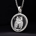 925 Sterling Silver Owl Medallion Pendant with detailed wisdom symbol. Silver owl talisman featuring intricate feather pattern. Spiritual medallion jewelry with ancient symbolism, perfect meaningful gift for graduates.