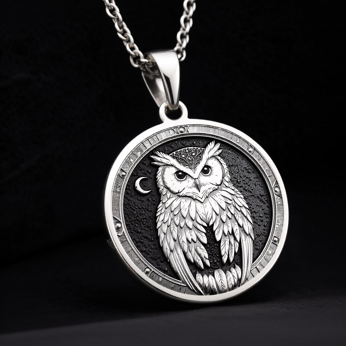 925 Sterling Silver Owl Pendant with medallion design. Handcrafted silver owl talisman with textured feathers and symbolic pattern. Spiritual protective charm necklace featuring wisdom animal, perfect milestone gift.