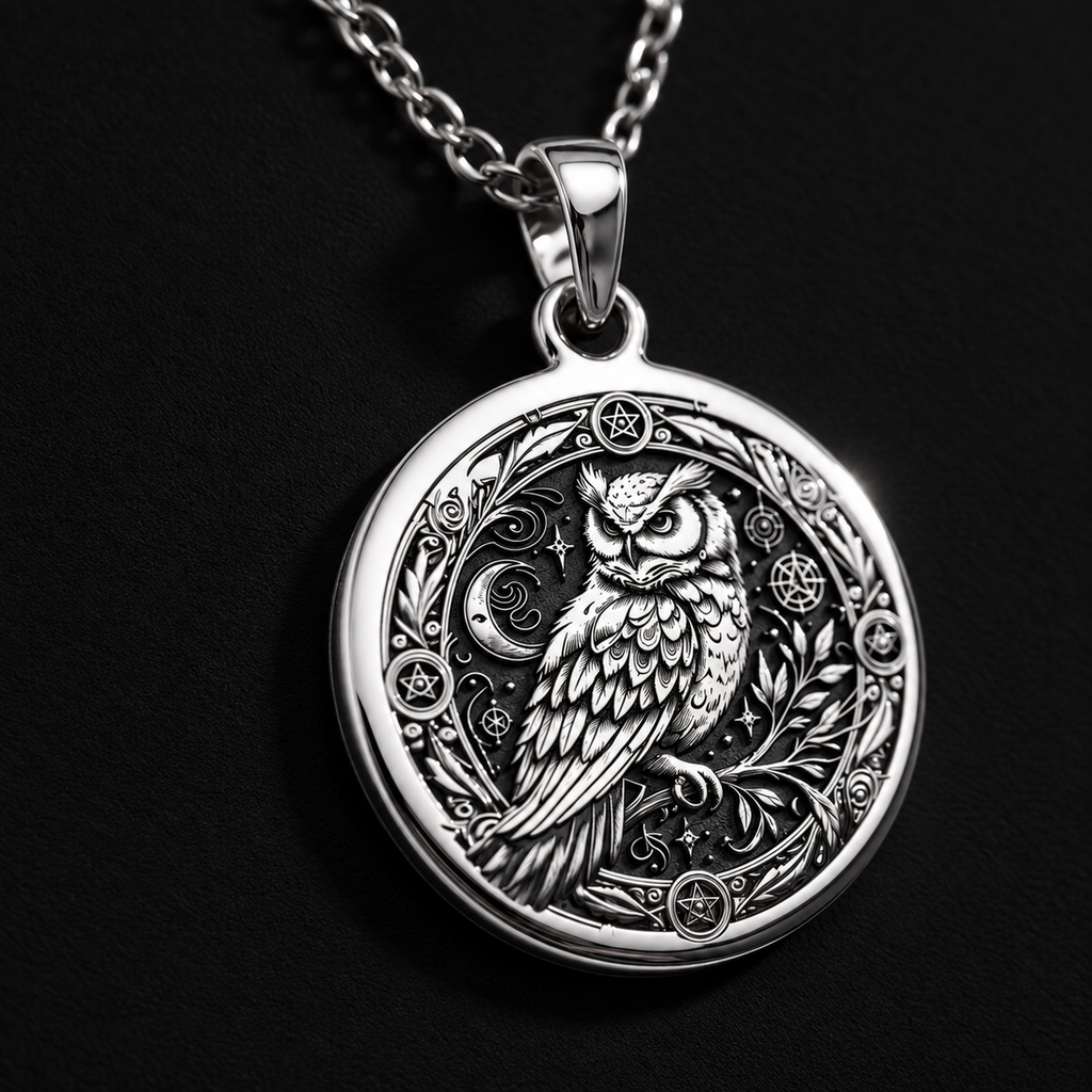 Wiccan Owl Medallion Pendant - 925 Sterling Silver