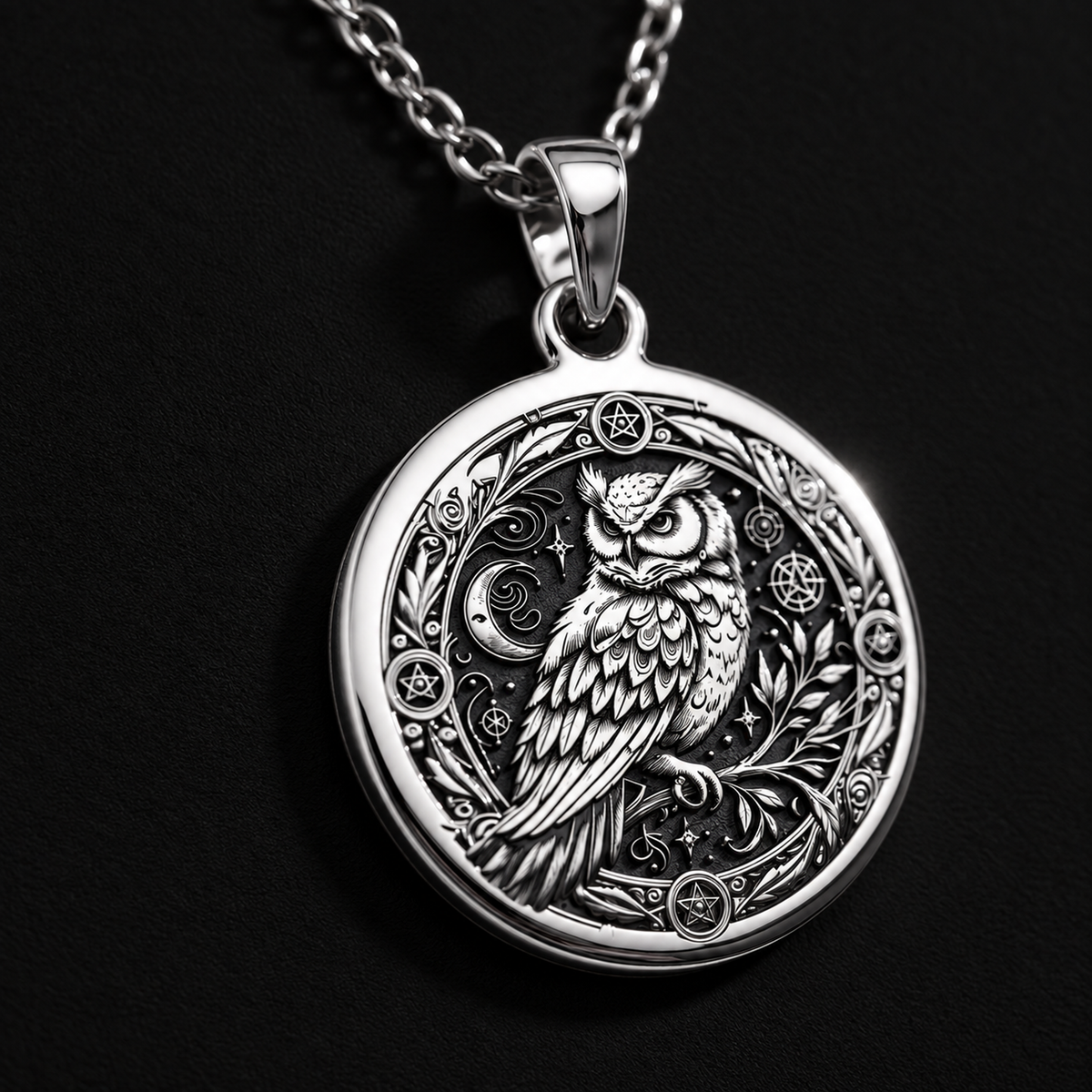 14K Solid Gold Owl Pentagram Medallion featuring wisdom bird with mystical symbols. Detailed occult talisman with intricate feather work, celestial elements and sacred geometry. Luxury pagan jewelry gift.