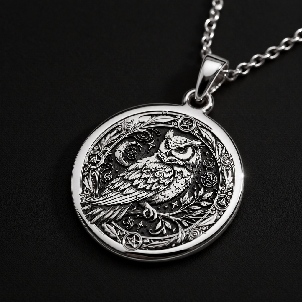 925 Sterling Silver Owl Pentagram Medallion showcasing wisdom bird with magical symbols. Detailed occult coin pendant with celestial elements and sacred star geometry. Premium pagan jewelry symbolizing intuitive sight and protective energy.
