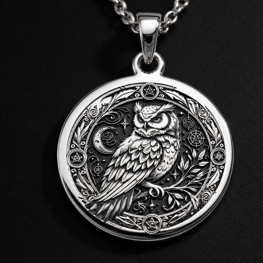 925 Sterling Silver Owl Pentagram Pendant with detailed magical design. Handcrafted silver coin charm featuring wisdom bird with spiritual symbols and protective geometry. Wiccan jewelry celebrating nocturnal insight and occult tradition.