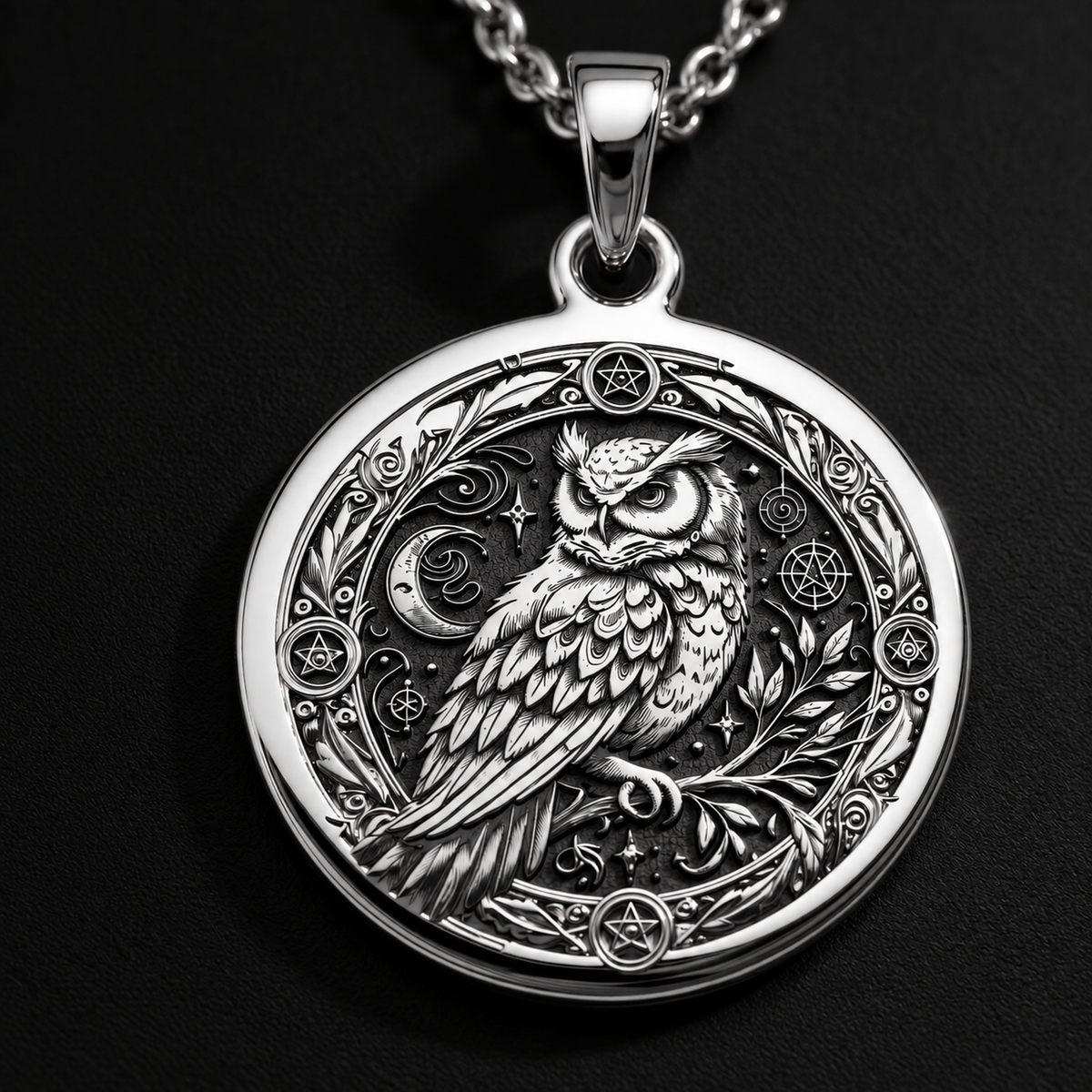 925 Sterling Silver Owl Pentagram Pendant with detailed magical design. Handcrafted silver coin charm featuring wisdom bird with spiritual symbols and protective geometry. Wiccan jewelry celebrating nocturnal insight and occult tradition.