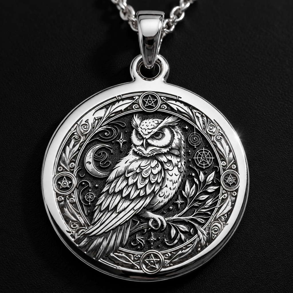 Wiccan Owl Medallion Pendant in sterling silver: front view of round pendant with engraved owl, pentacles, crescent moon and stars.