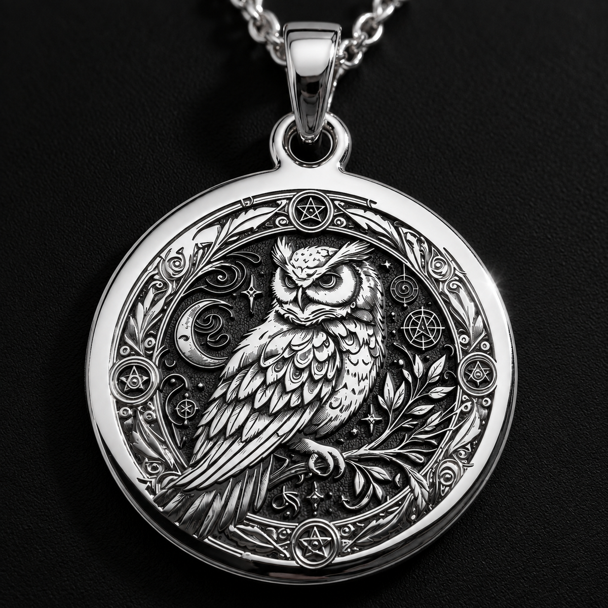Wiccan Owl Medallion Pendant in sterling silver: front view of round pendant with engraved owl, pentacles, crescent moon and stars.