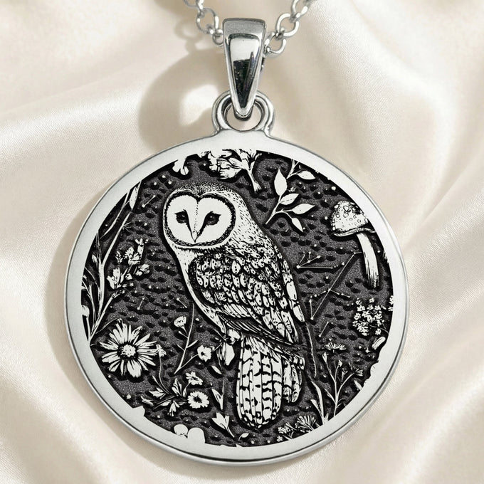 Silver pendant featuring an intricate design of an owl surrounded by detailed floral and leaf patterns. The pendant is attached to a silver chain and rests on draped fabric.