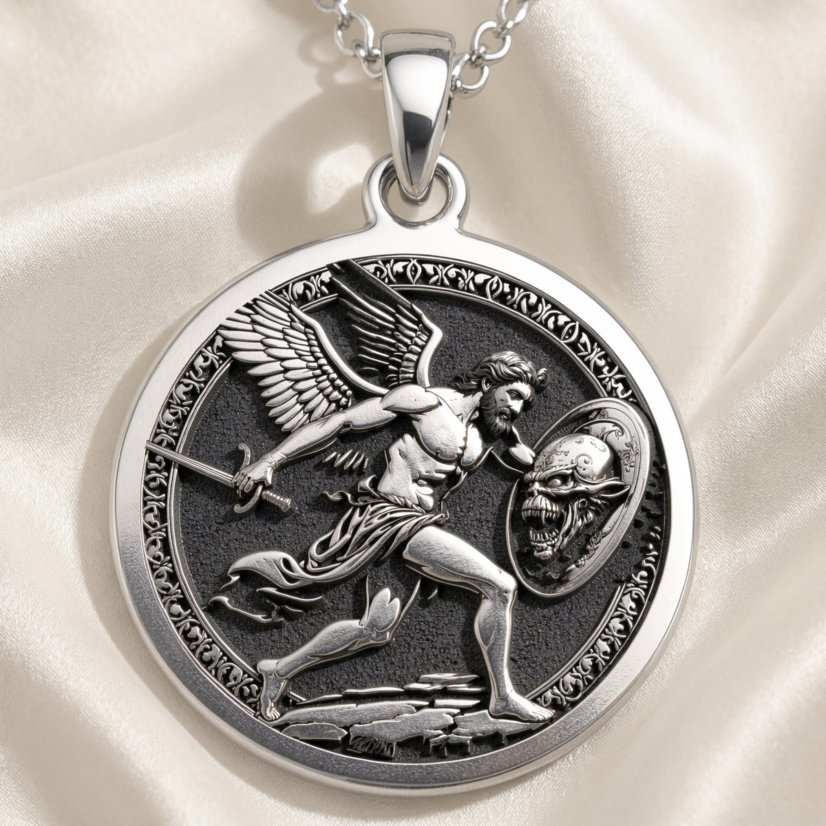 Sterling silver Perseus Greek Mythology Necklace: round  of Perseus Greek hero with eng...