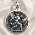 Sterling silver Perseus Greek Mythology Necklace: round  of Perseus Greek hero with eng...