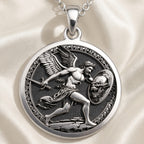 Sterling silver Perseus Greek Mythology Necklace: round  of Perseus Greek hero with eng...