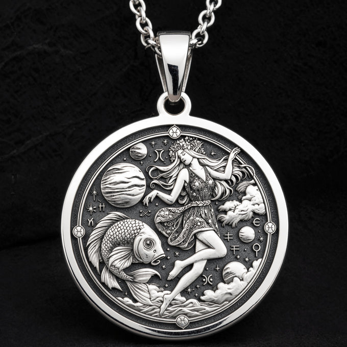 Sterling silver Pisces Zodiac Horoscope Necklace: round  Pisces zodiac sign with engrav...