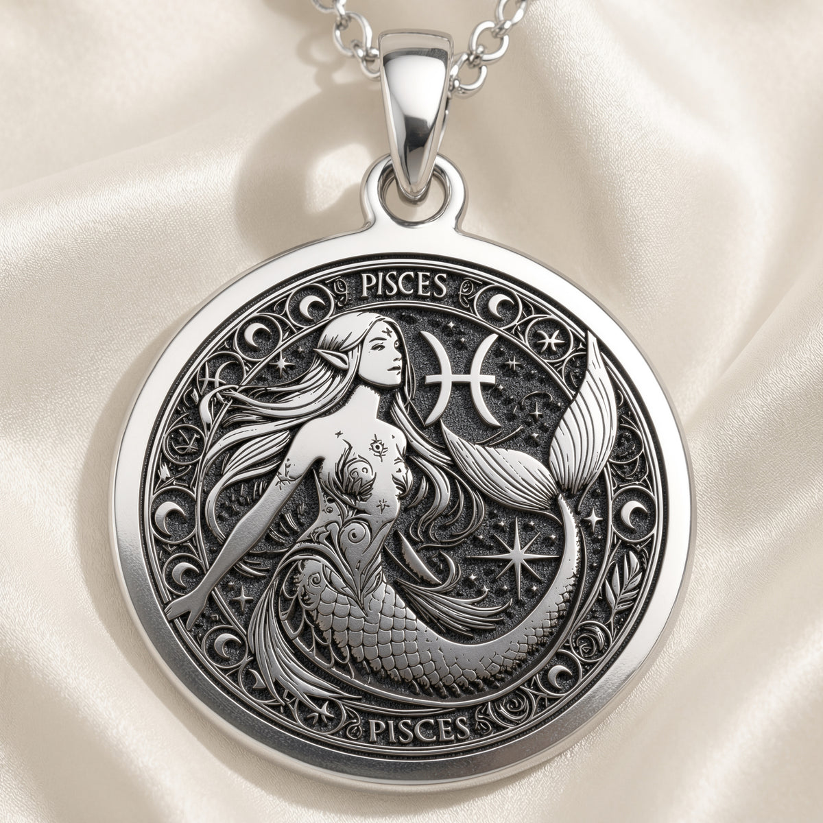 Sterling silver Mermaid Pisces Astrological Sign Necklace: round  Pisces zodiac sign wi...