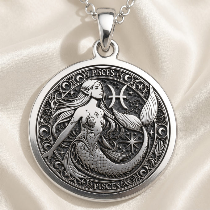 Sterling silver Mermaid Pisces Astrological Sign Necklace: round  Pisces zodiac sign wi...