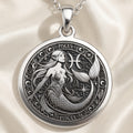 Sterling silver Mermaid Pisces Astrological Sign Necklace: round  Pisces zodiac sign wi...