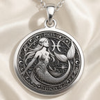 Sterling silver Mermaid Pisces Astrological Sign Necklace: round  Pisces zodiac sign wi...