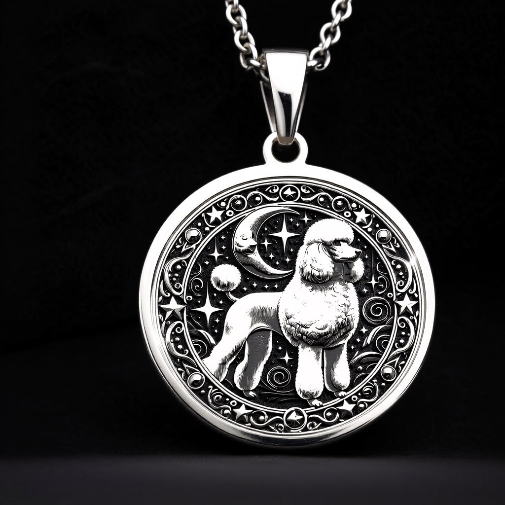 Custom Poodle Dog Medallion Pendant in sterling silver, front view with engraved poodle under crescent moon and stars.