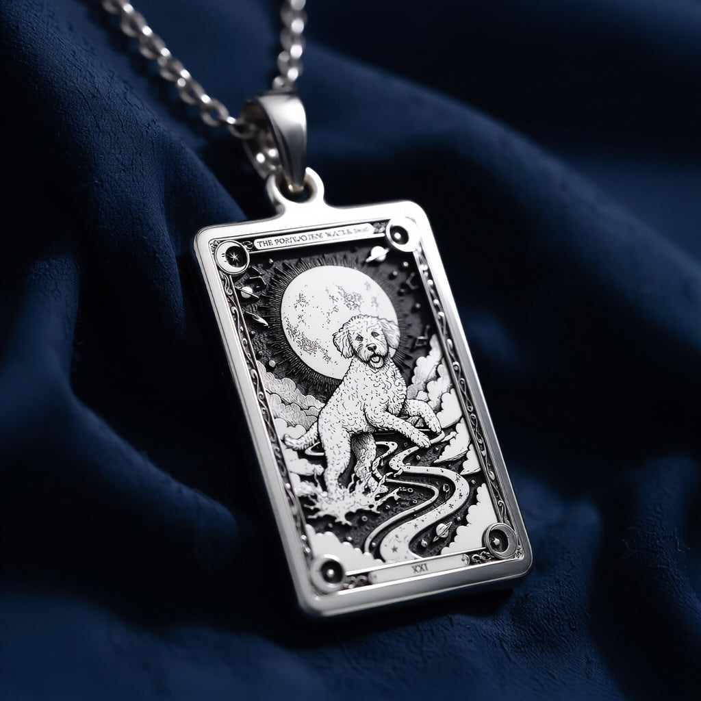 A striking 925 sterling silver Portuguese Water Dog charm. The art shows the celestial dog, a meaningful piece of jewelry for a pet owner.