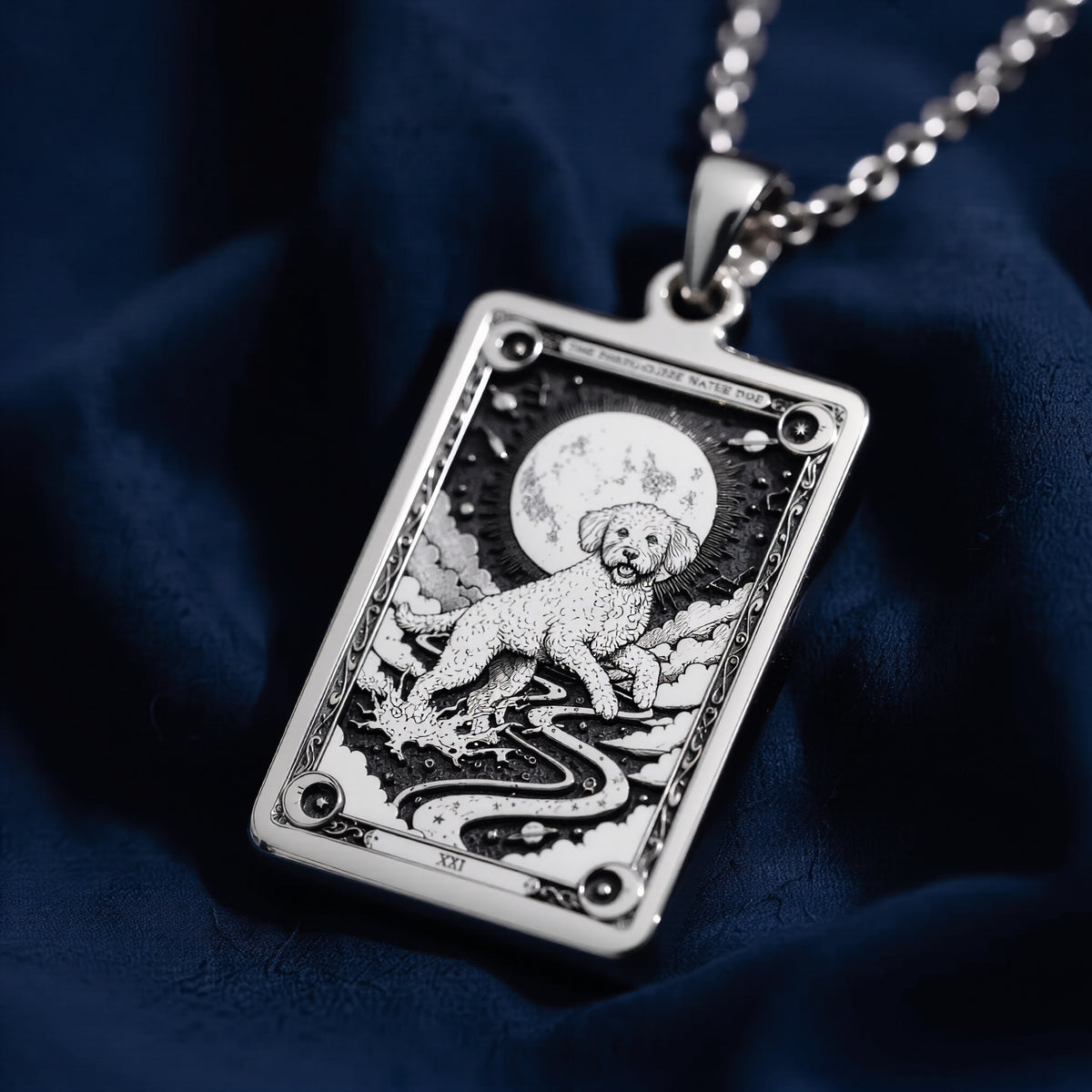 A personalized 925 sterling silver Portuguese Water Dog necklace. This gift celebrates the adventurous heart of the breed, a cherished pet memorial keepsake.