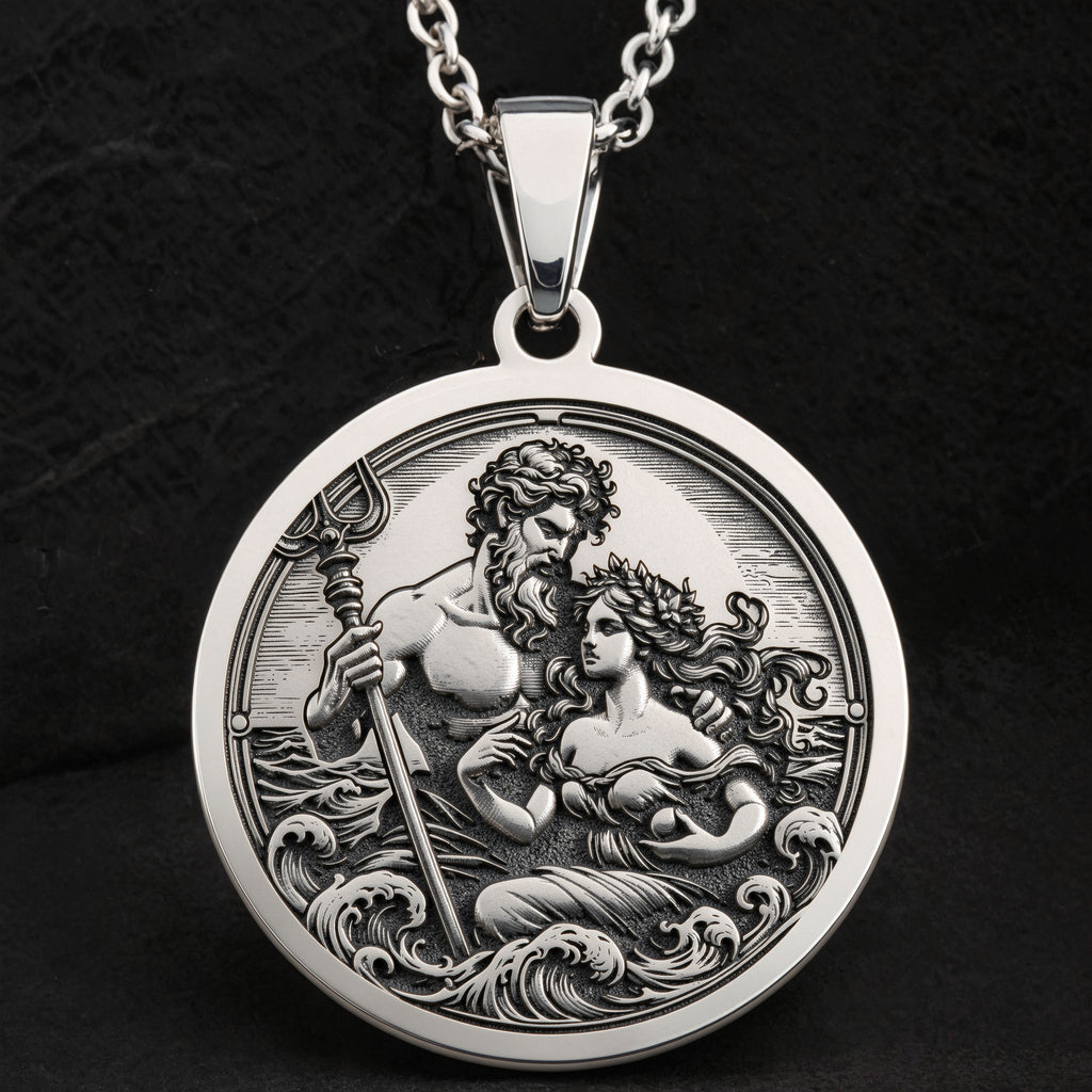 Sterling silver Poseidon & Amphitrite Pendant: round  of Poseidon Greek sea god holding...