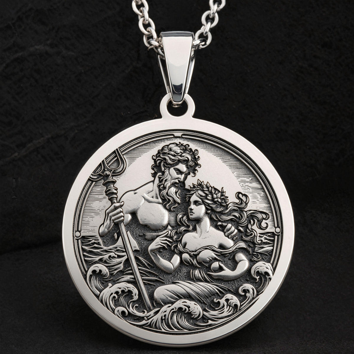 Sterling silver Poseidon & Amphitrite Pendant: round  of Poseidon Greek sea god holding...