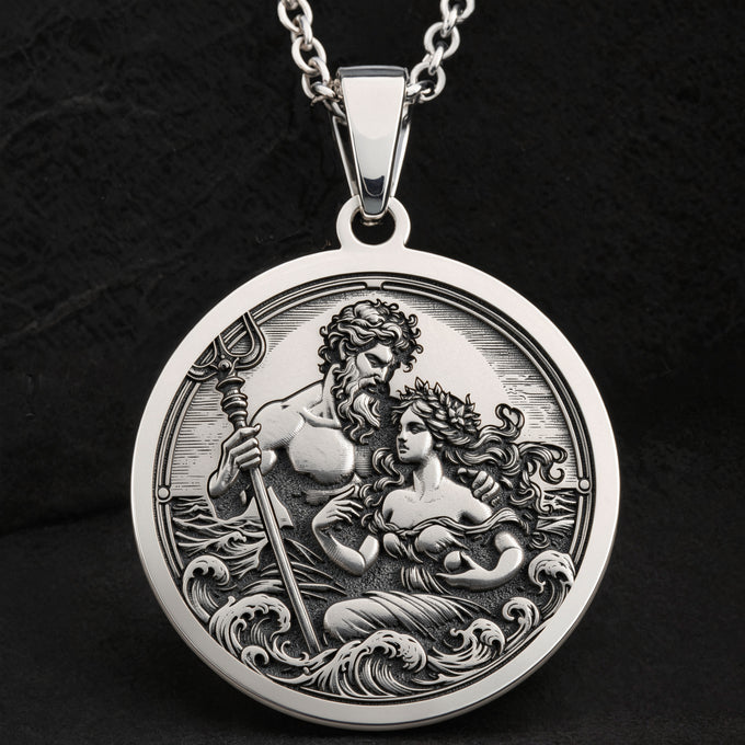 Sterling silver Poseidon & Amphitrite Pendant: round  of Poseidon Greek sea god holding...