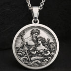 Sterling silver Poseidon & Amphitrite Pendant: round  of Poseidon Greek sea god holding...