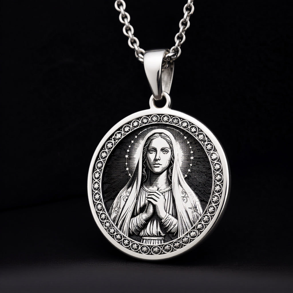 925 Sterling Silver Medjugorje necklace with Queen of Peace engraving. A classic silver spiritual Mary pendant for devotion and hope.