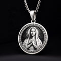 925 Sterling Silver Medjugorje necklace with Queen of Peace engraving. A classic silver spiritual Mary pendant for devotion and hope.